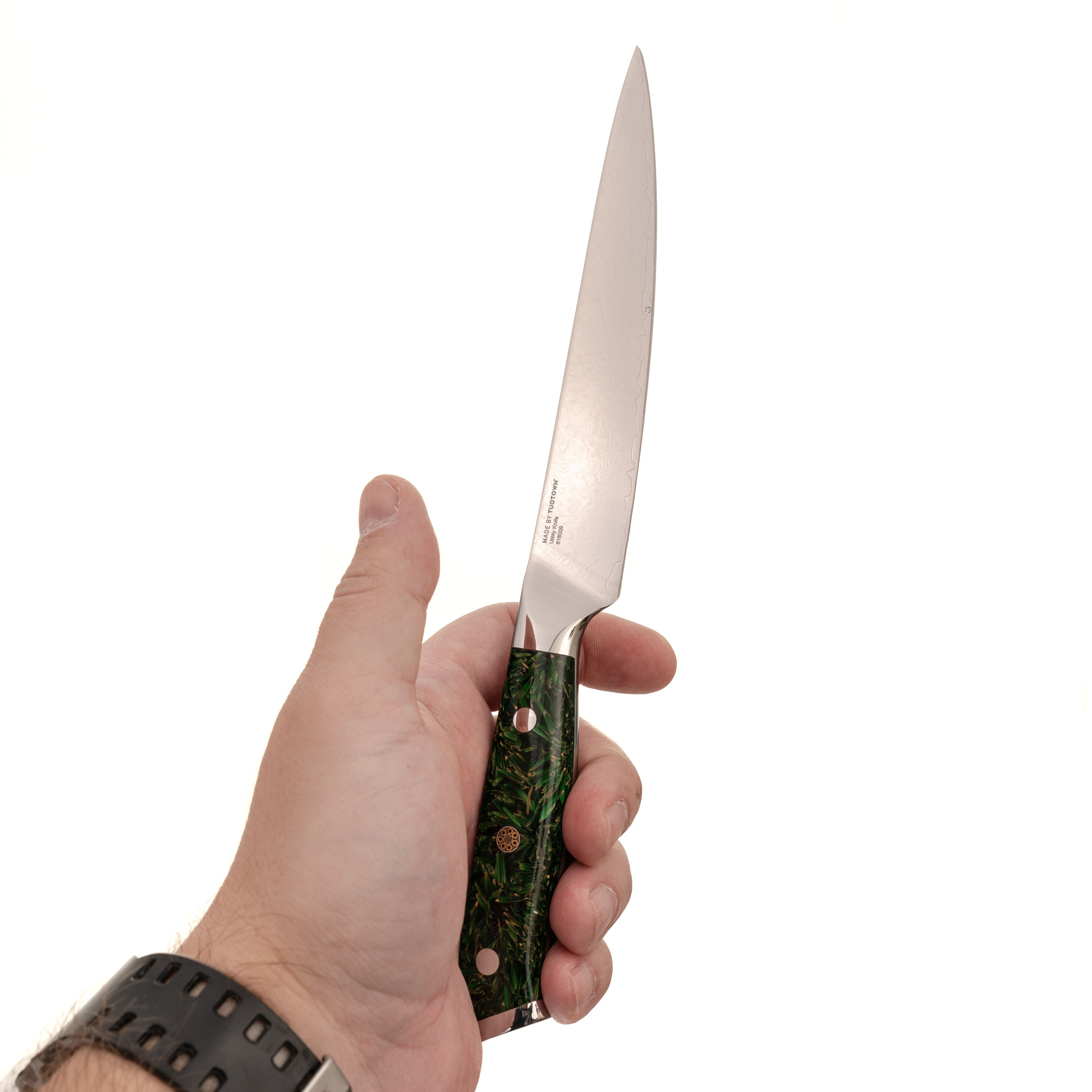 фото Кухонный нож tuotown, сталь vg10, обкладка damascus, рукоять акрил, зеленый