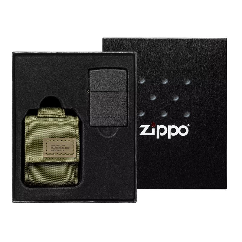 Набор ZIPPO: чёрная зажигалка Black Crackle и коричневый нейлоновый чехол, в подарочной коробке