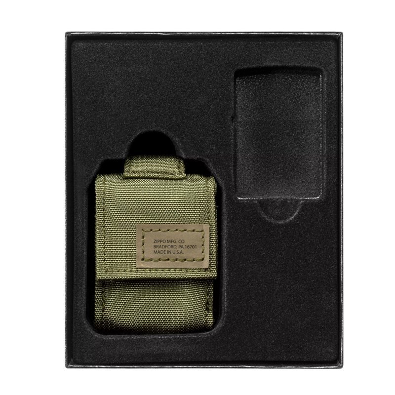 фото Набор zippo: чёрная зажигалка black crackle и коричневый нейлоновый чехол, в подарочной коробке