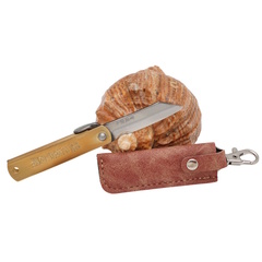 Фото Складной нож Nagao Higonokami Warikomi, 50мм, сталь Aogami, рукоять латунь, коричневый чехол