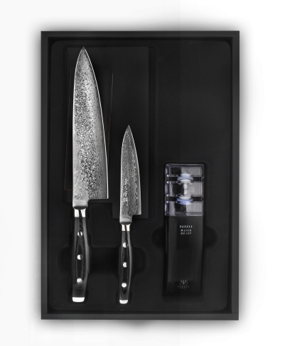 Набор из 2-х кухонных ножей с точилкой GOU YAXELL, дамасская сталь