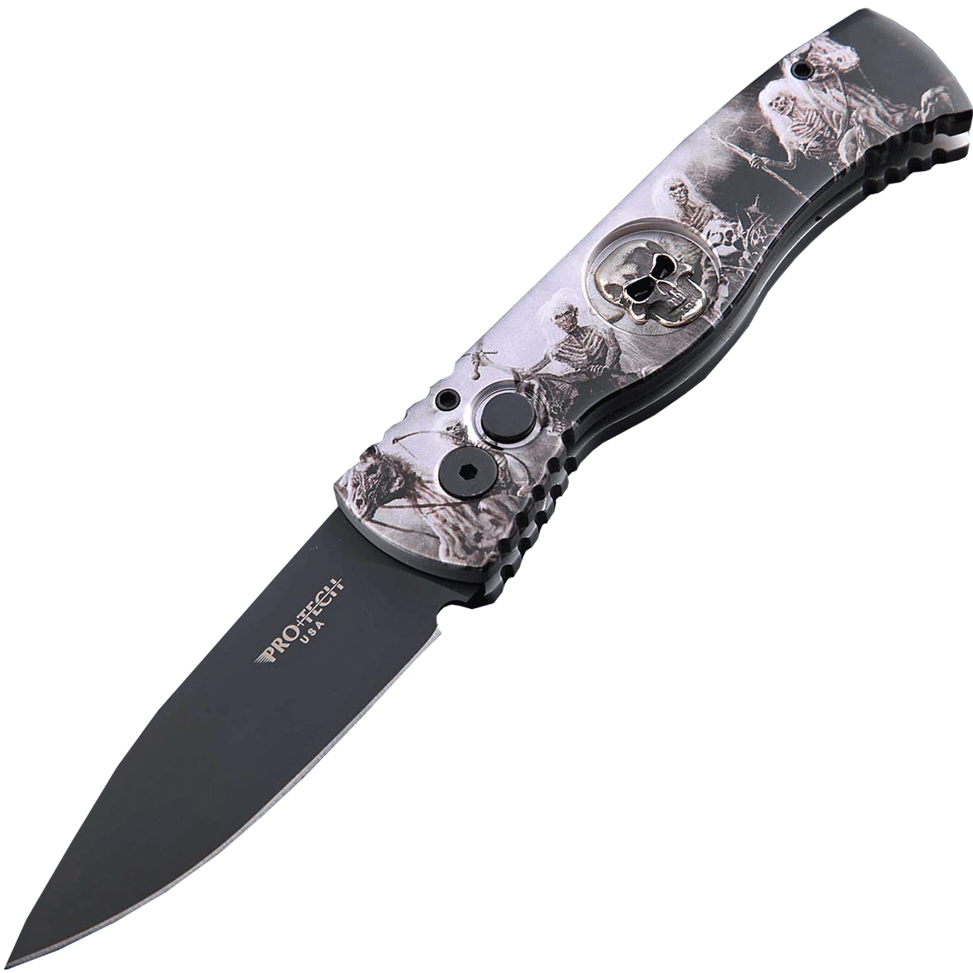 Автоматический складной нож Pro-Tech TR-2.4H1. Bruce Show Skull, клинок черный, сталь 154CM, рукоять алюминий, рисунок скелеты пиратов - фото 1
