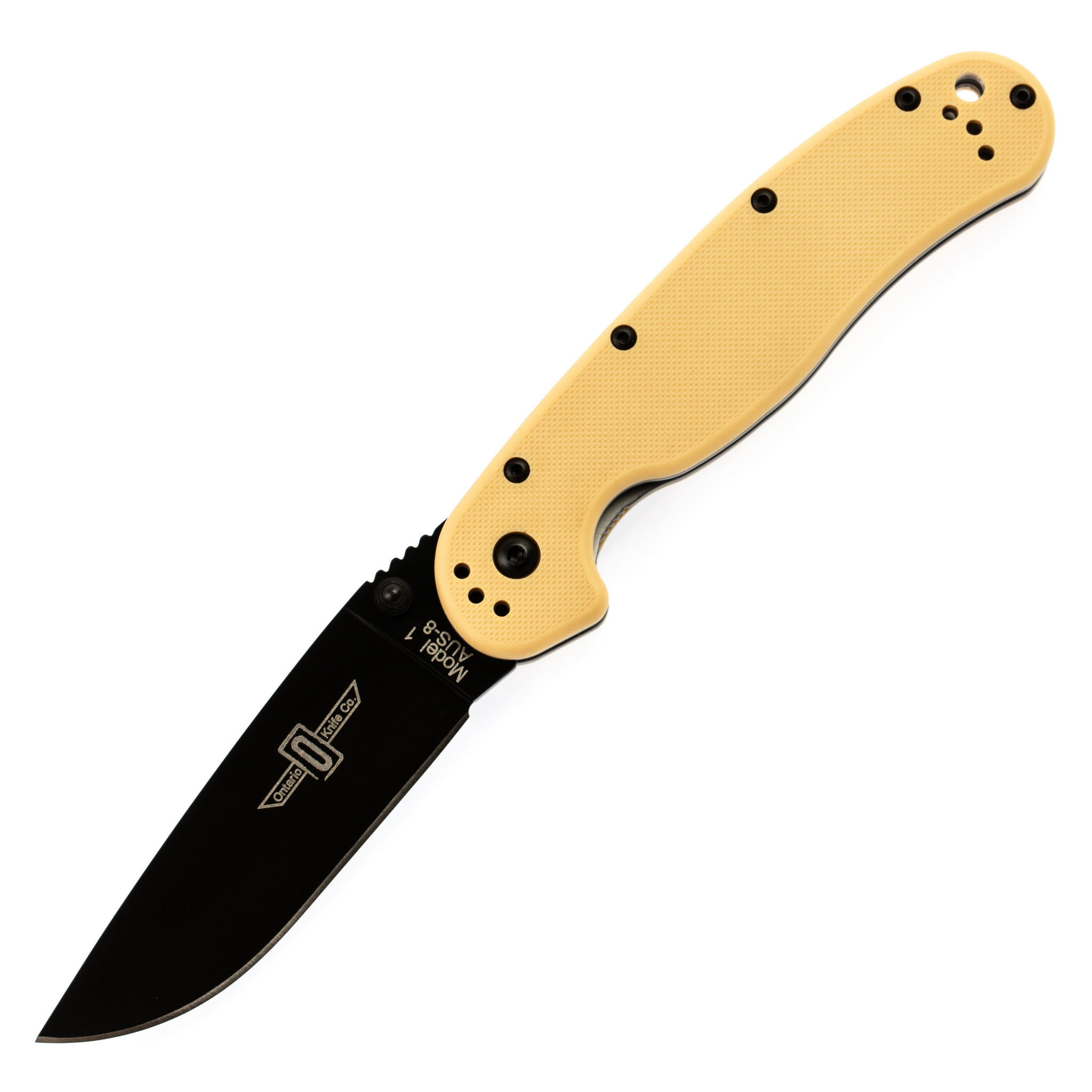 Нож складной Ontario RAT-1, сталь Aus-8. Клинок - Black, Рукоять - Tan GRN