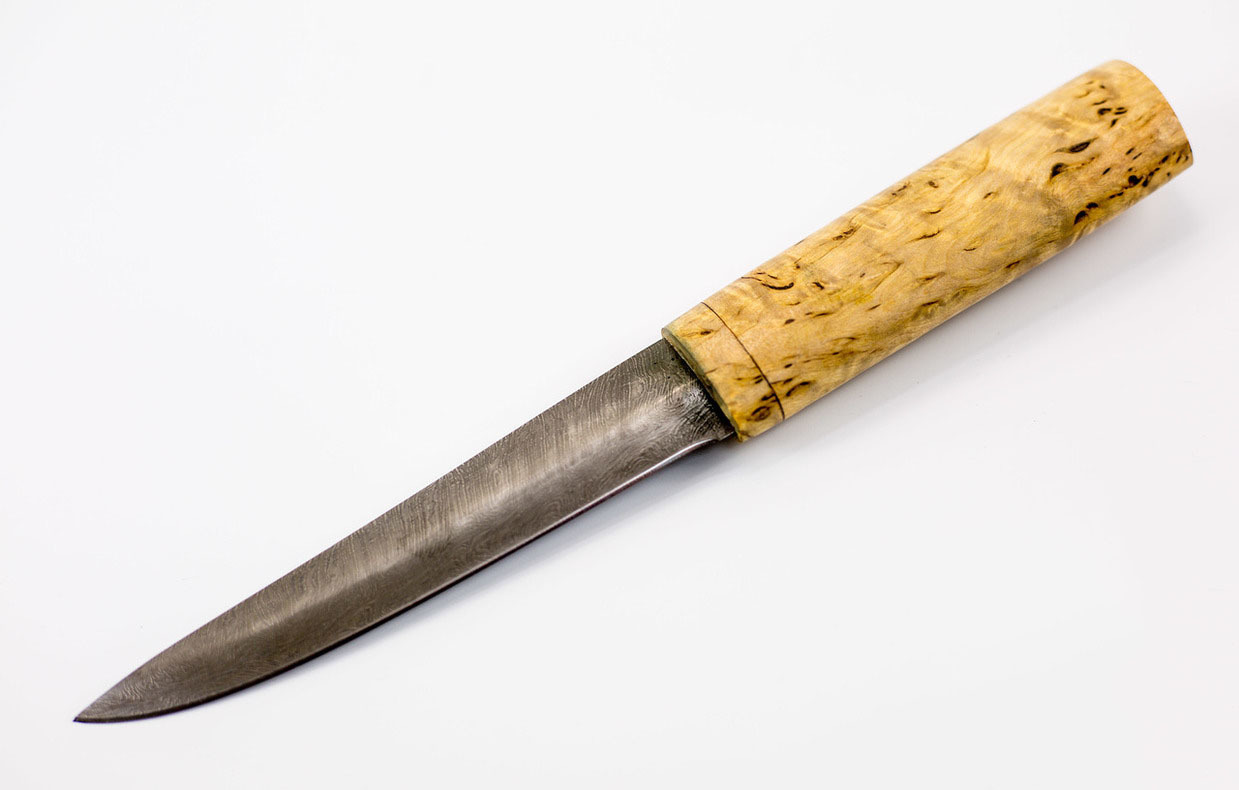 фото Нож якутский, сталь дамаск, карельская береза атака
