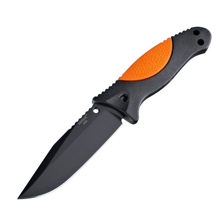 фото Нож с фиксированным клинком hogue ex-f02 black clip point, сталь a2 tool steel, рукоять термопластик grn, оранжево-черный