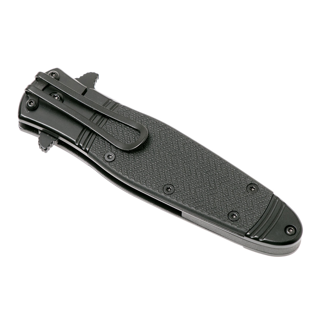 фото Складной нож ken onion design bombastic™ ikbs® flipper, black oxide coated combo blade, stainless steel handle with black grn inlays crkt