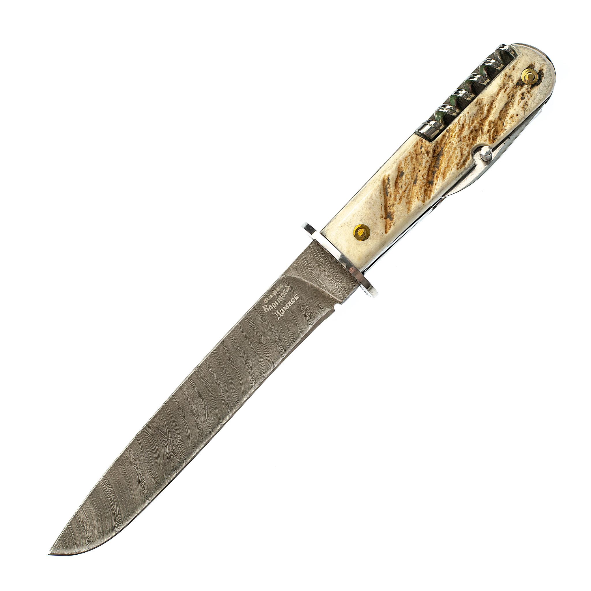 фото Многопредметный нож в ножнах окопник (егерский), сталь дамаск, рукоять рог фабрика баринова