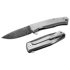 Фото Складной нож LionSteel MT01, сталь дамаск, рукоять титан, серый