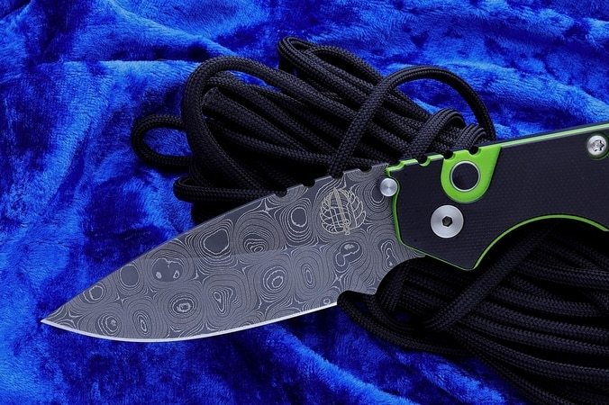 Автоматический складной нож Pro-Tech Pro-Strider SnG Auto USN GX Custom Chad Nichols Damascus, дамасская сталь, рукоять алюминий, черно-зеленый - фото 6
