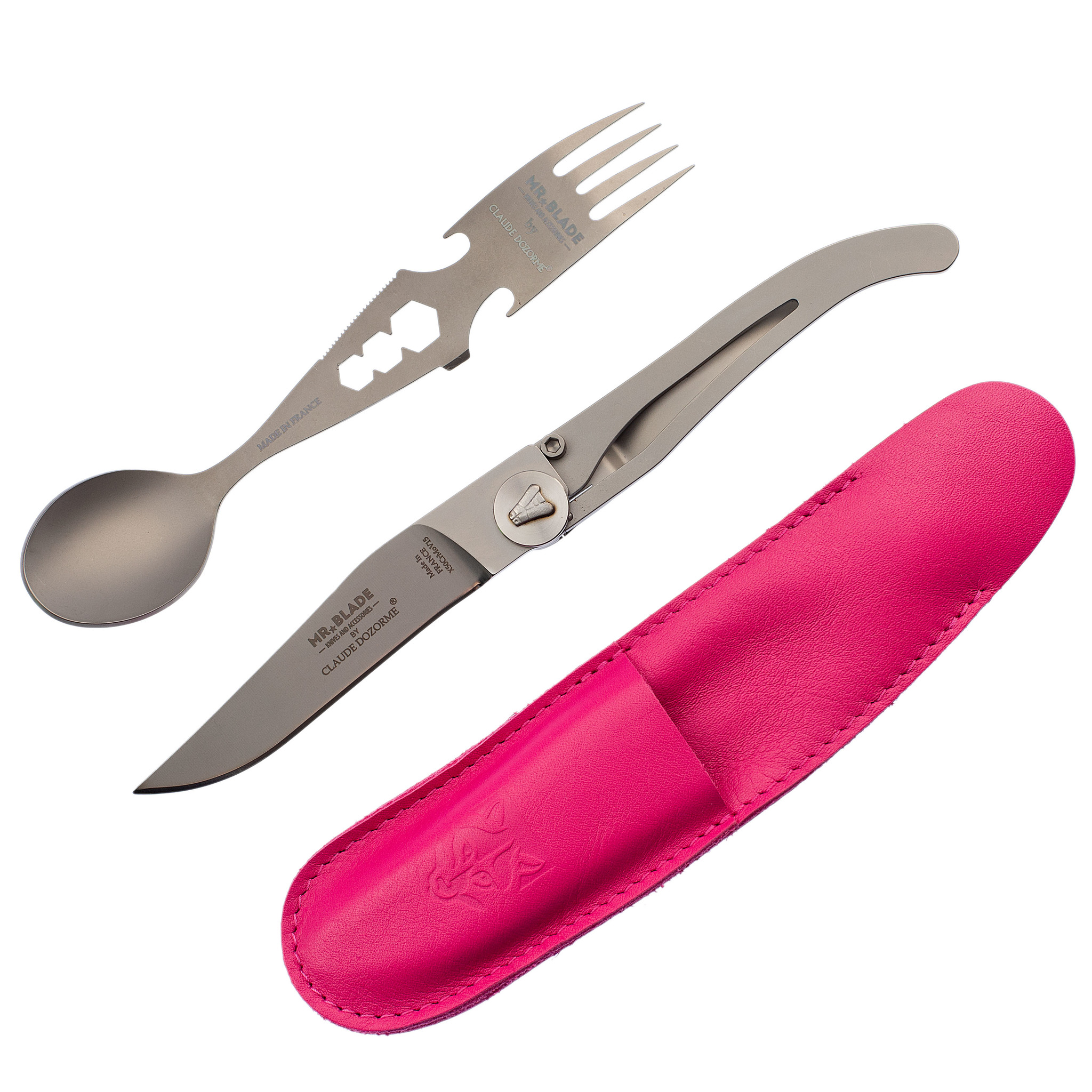 Набор складной нож и вилка-ложка, розовый чехол