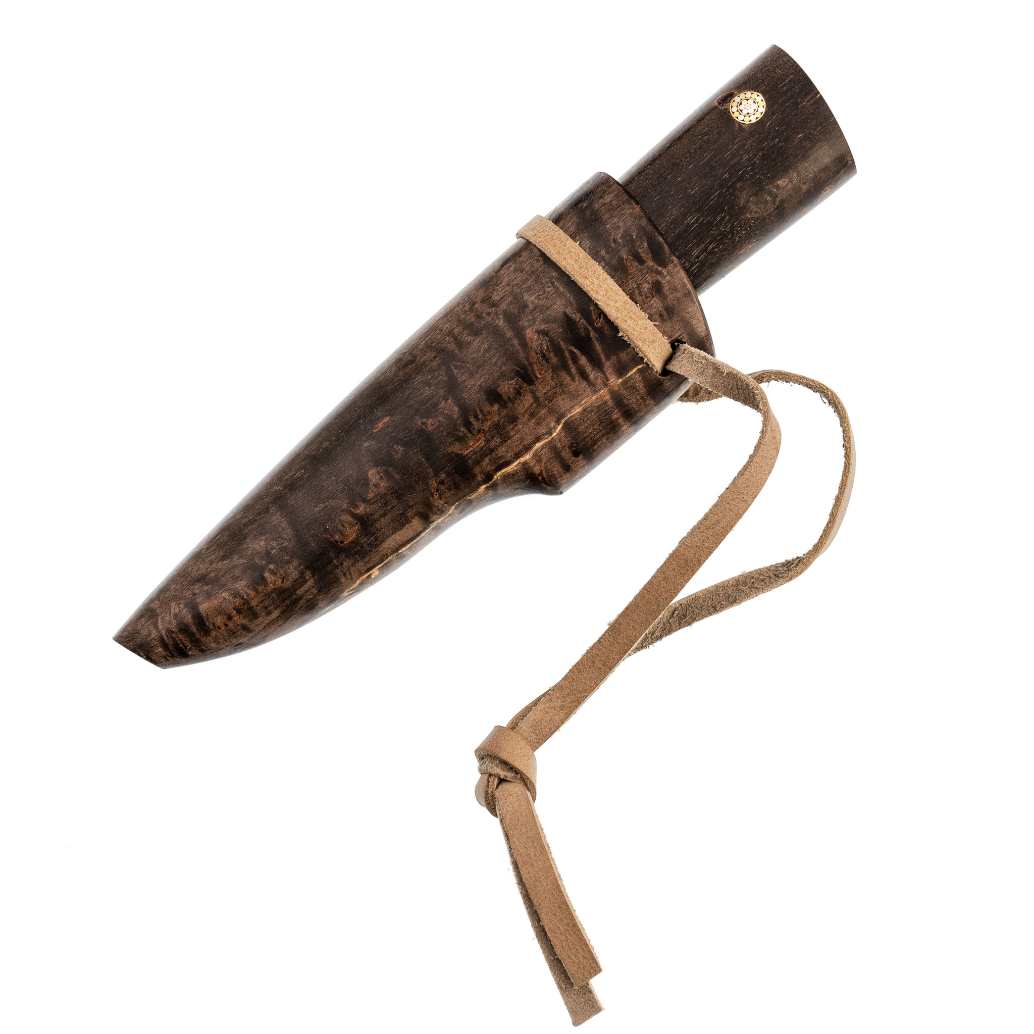 Шейный якутский нож, сталь Х12МФ, карельская береза коричневая, деревянные ножны - фото 7