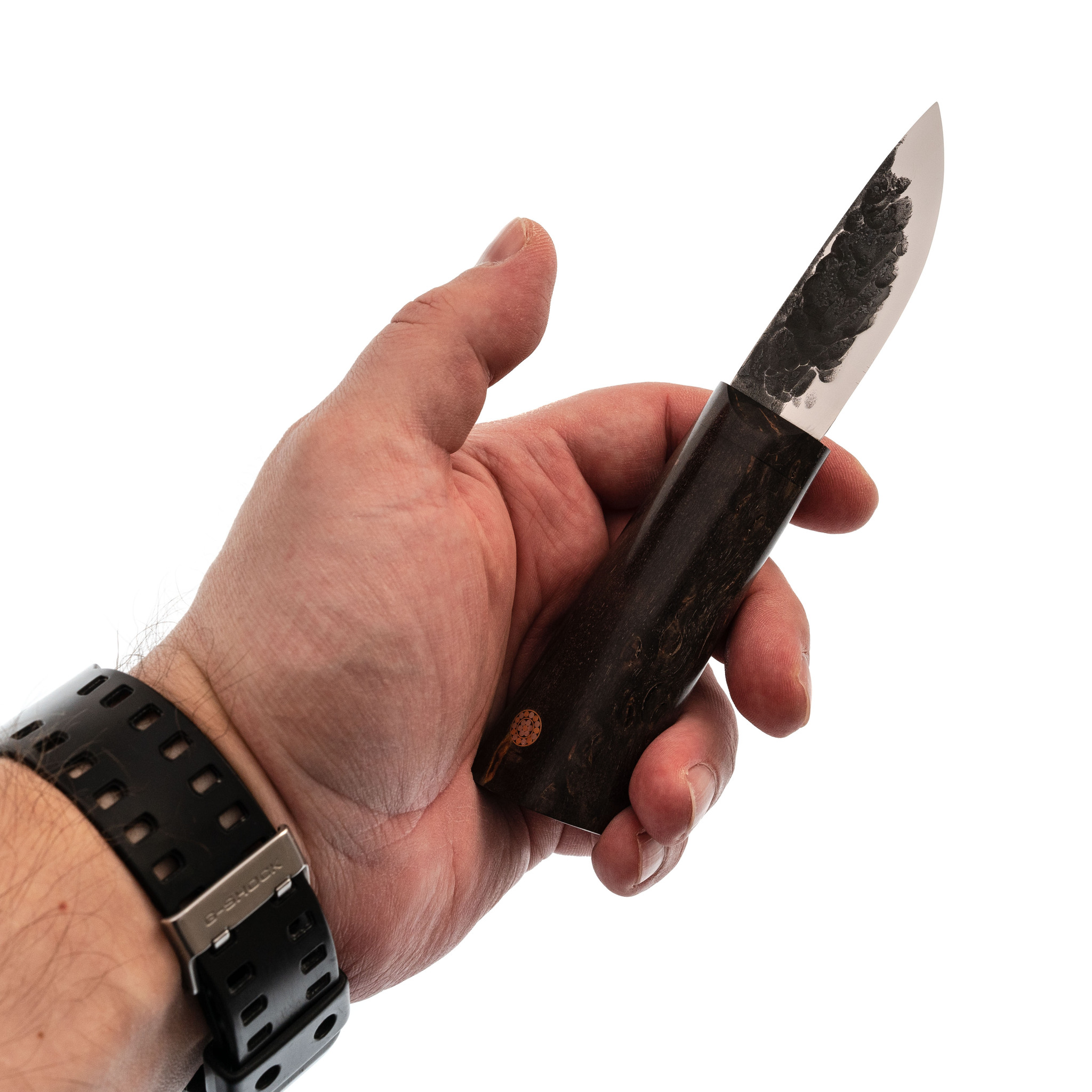 Шейный якутский нож, сталь Х12МФ, карельская береза коричневая, деревянные ножны - фото 4