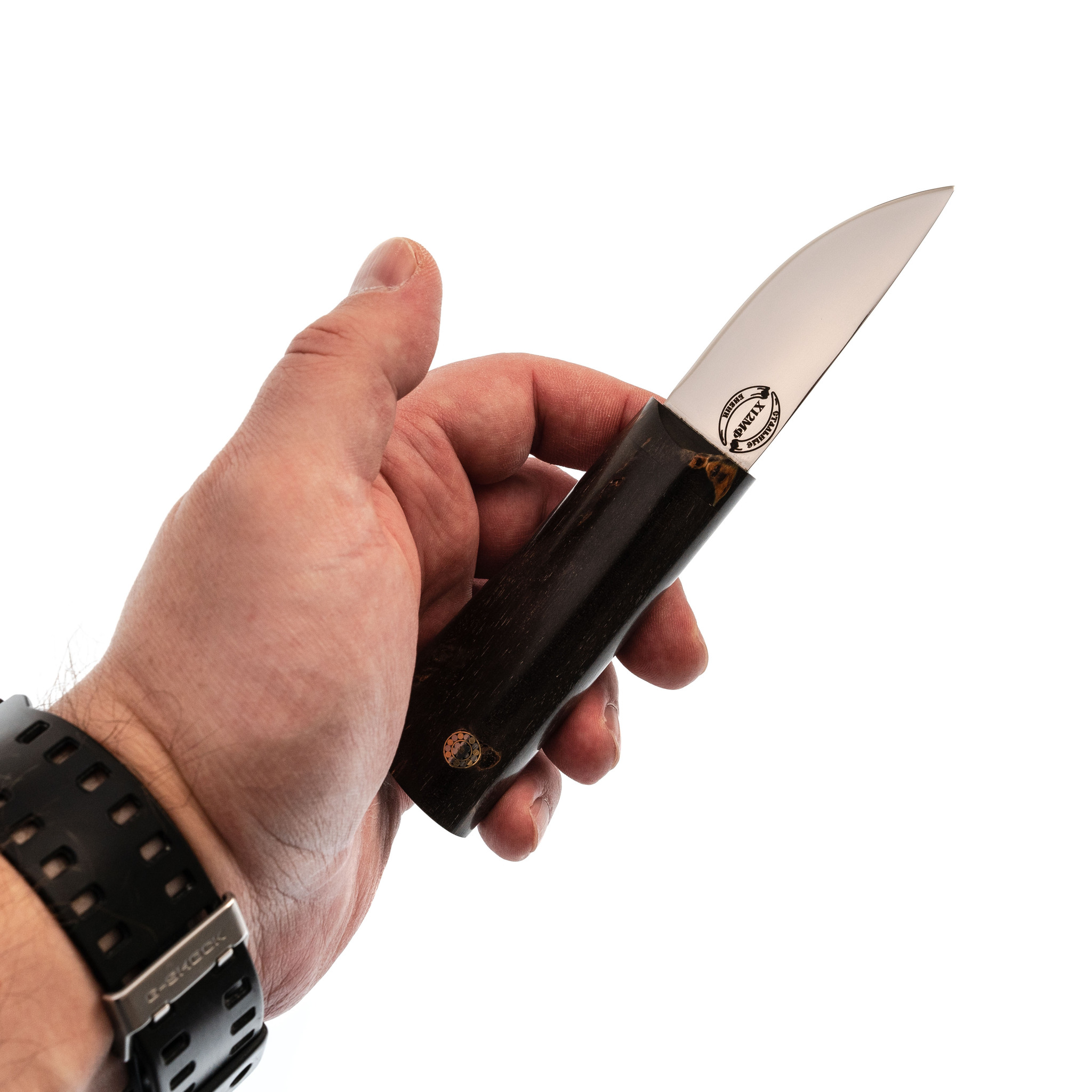 Шейный якутский нож, сталь Х12МФ, карельская береза коричневая, деревянные ножны - фото 5