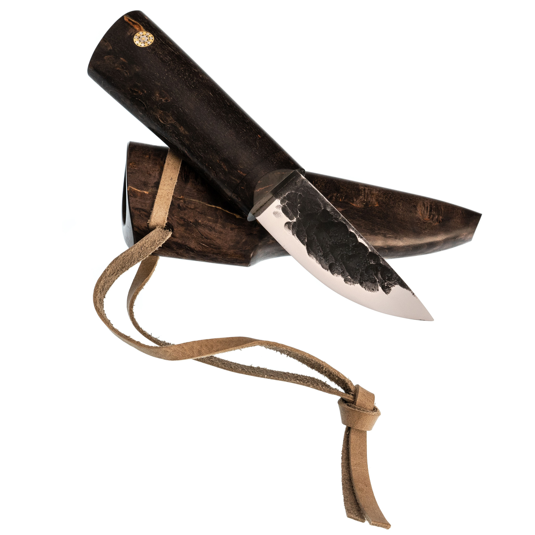 Шейный якутский нож, сталь Х12МФ, карельская береза коричневая, деревянные ножны - фото 6