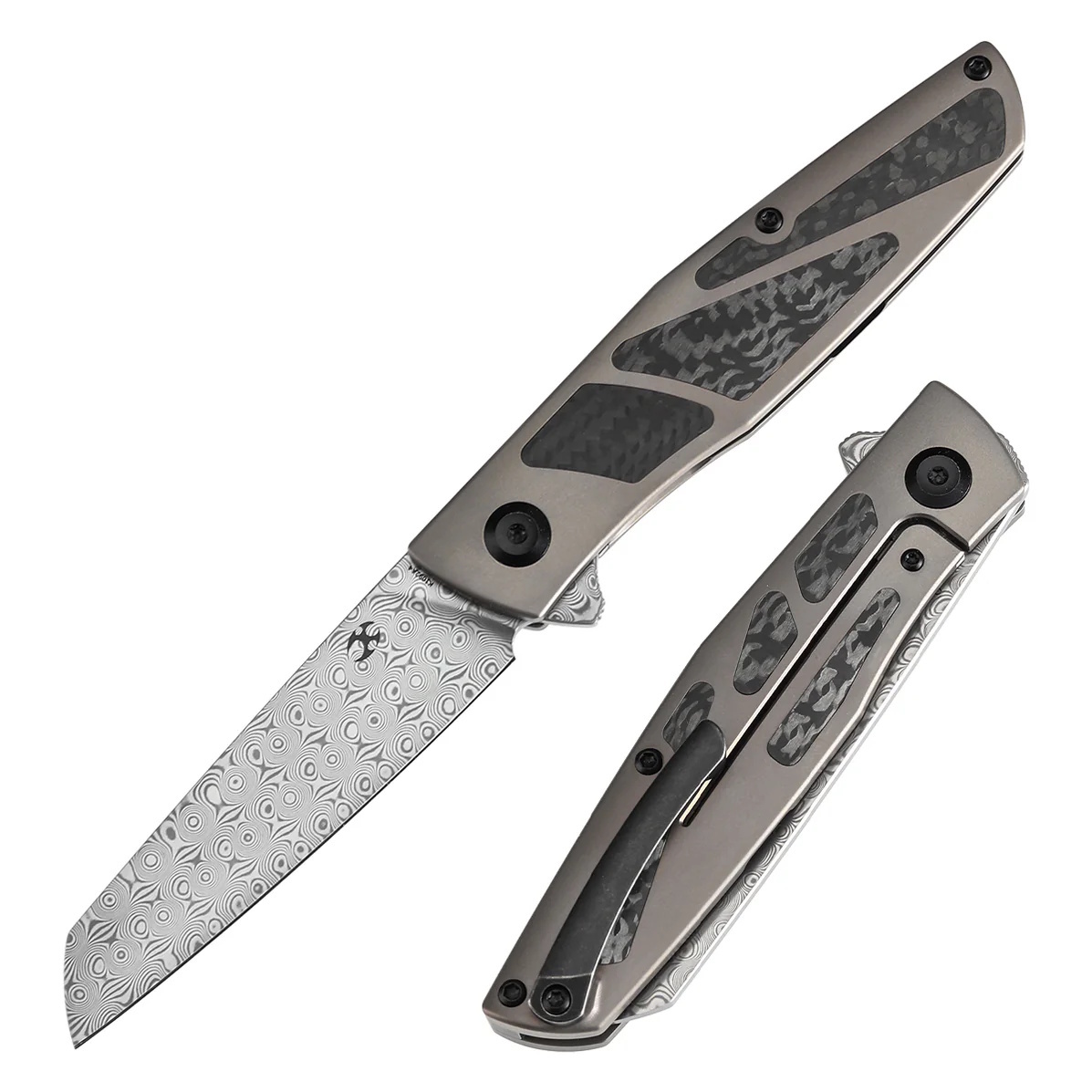 

Складной нож Kansept Cru сталь Damascus, рукоять Bronze Titanium/Twill Carbon Fiber