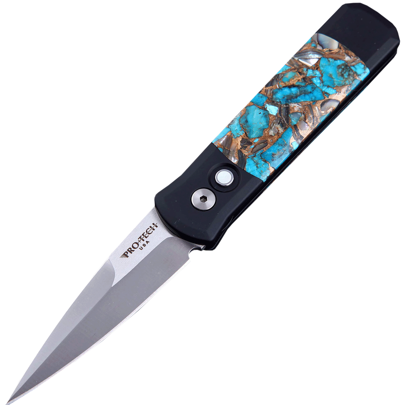 Автоматический складной нож Pro-Tech Santa Fe Stoneworks Godson Customized, сталь 154CM, рукоять алюминий, накладки бирюза/абалон/бронза