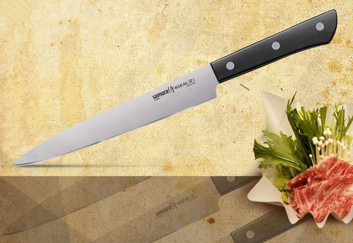 фото Нож кухонный для тонкой нарезки samura "harakiri" (shr-0045b) 196 мм, сталь aus-8, рукоять abs пластик, чёрный
