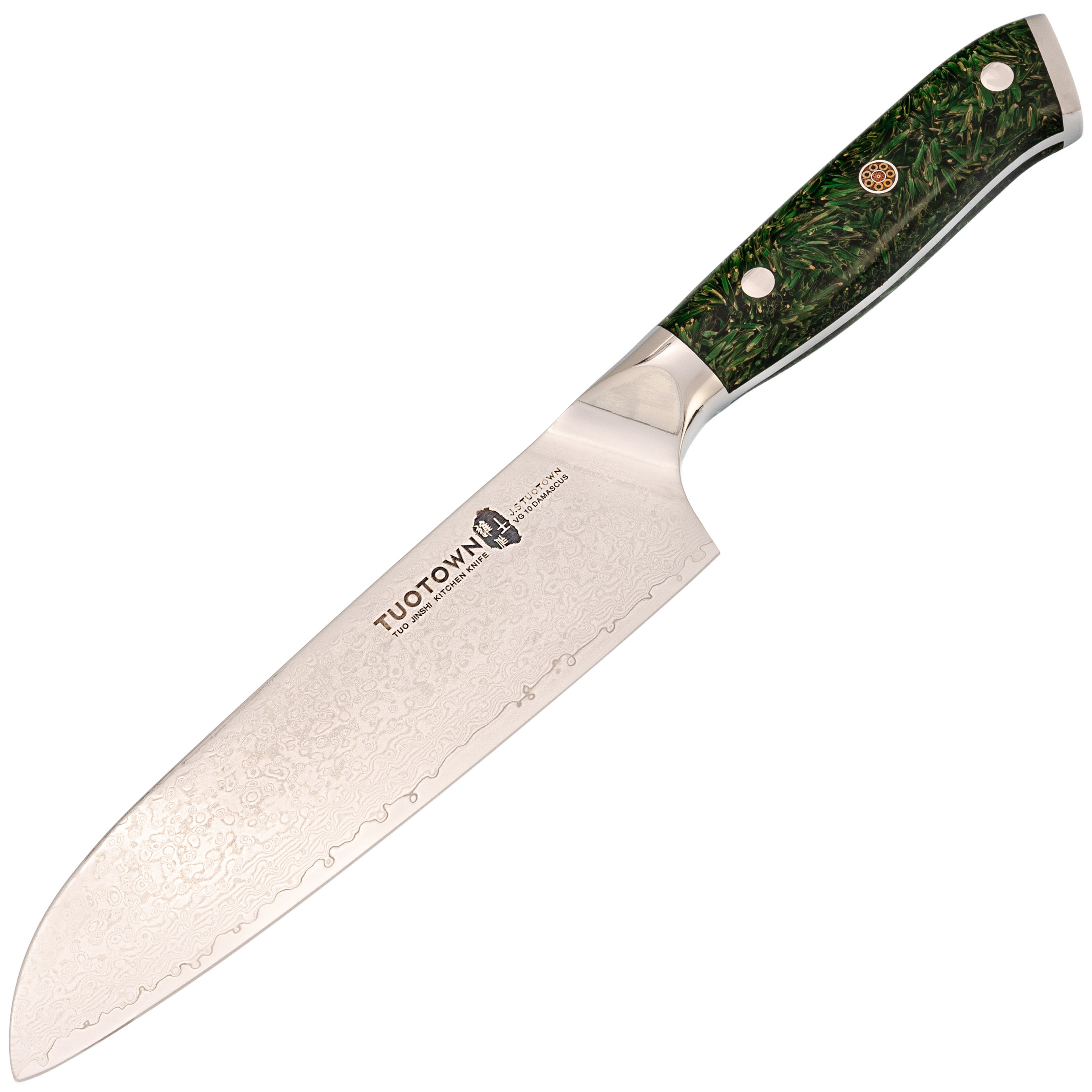 Кухонный нож Сантоку Tuotown, сталь VG10, обкладка Damascus, рукоять акрил, зеленый