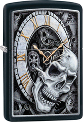 Фото Зажигалка ZIPPO Skull Clock с покрытием Black Matte, латунь/сталь, чёрная, матовая, 36x12x56 мм