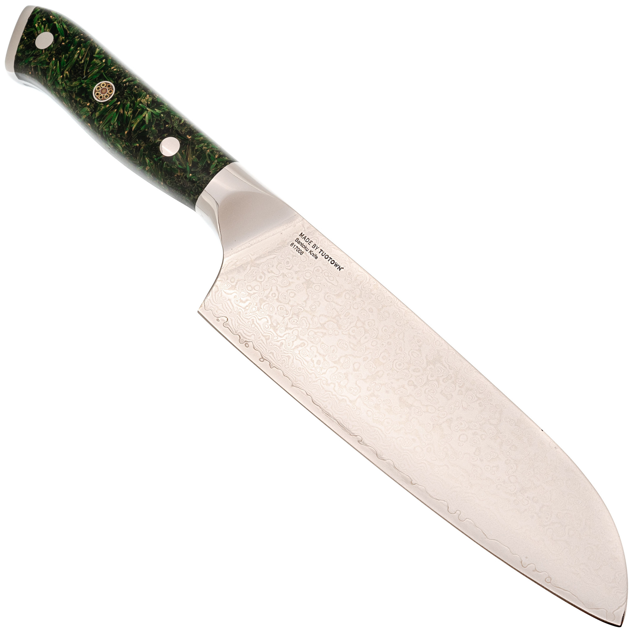 фото Кухонный нож сантоку tuotown, сталь vg10, обкладка damascus, рукоять акрил, зеленый