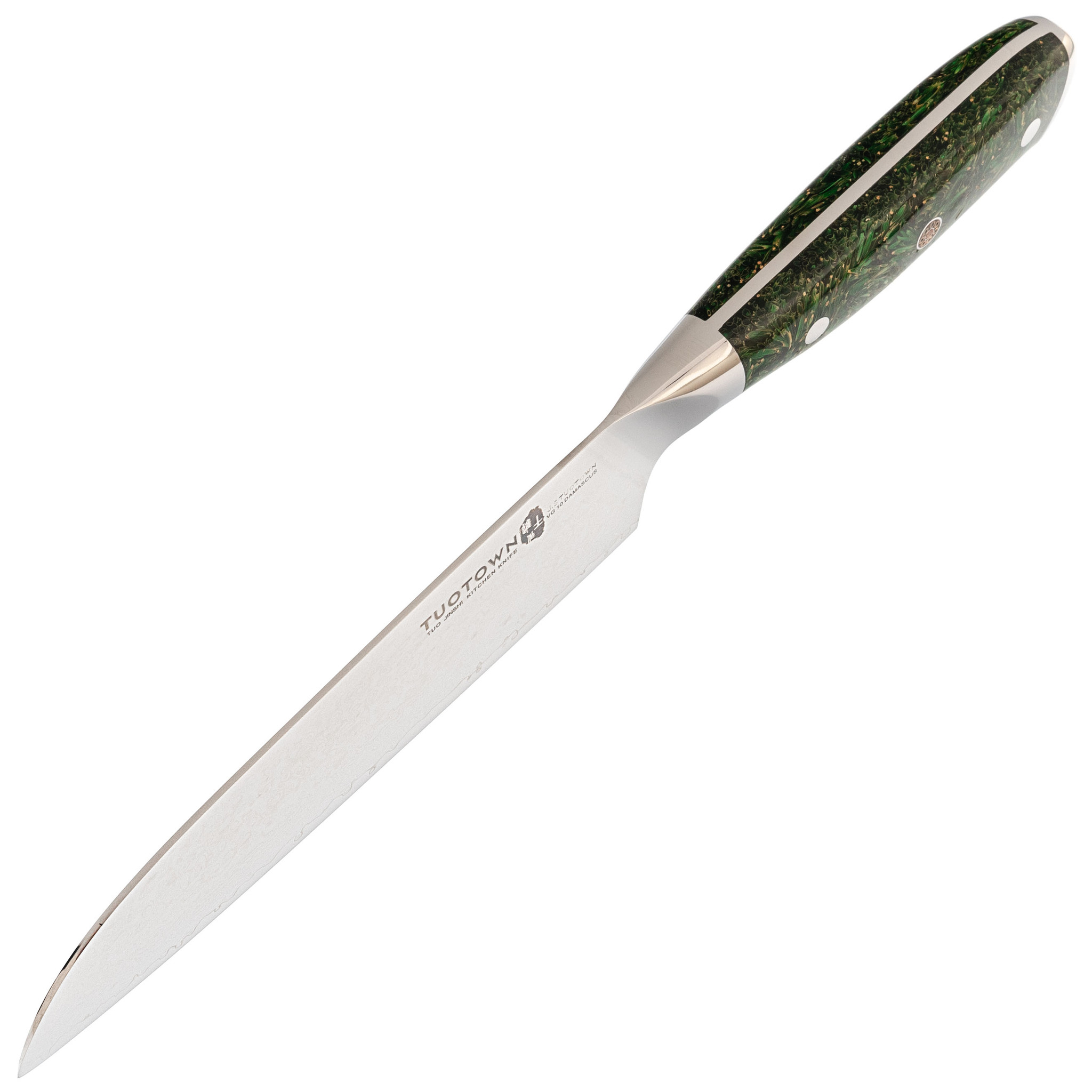 фото Кухонный нож сантоку tuotown, сталь vg10, обкладка damascus, рукоять акрил, зеленый