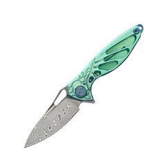 Фото Складной нож Rike Mini Hummingbird, сталь Damasteel, рукоять зелёный титан