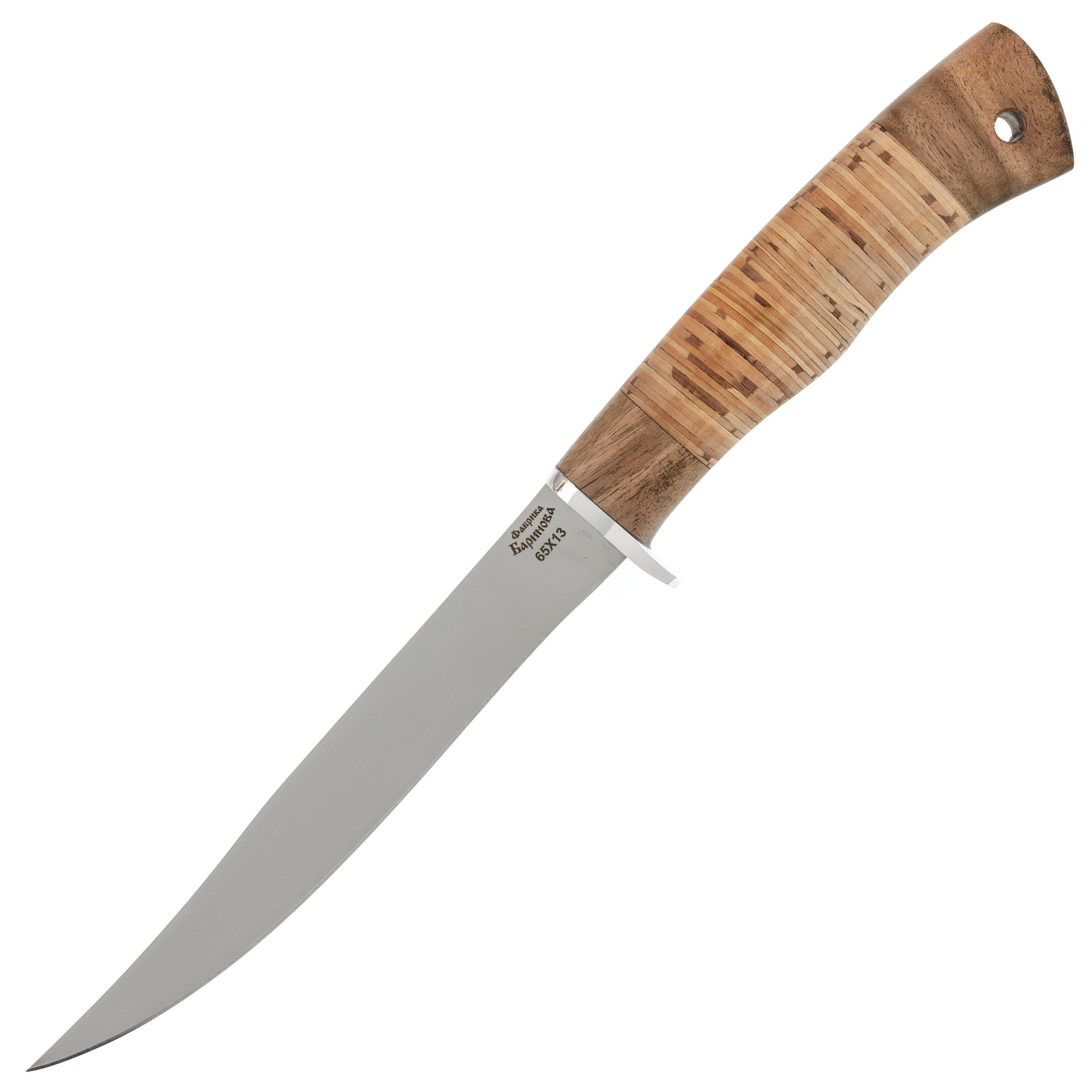 Нож филейный Пескарь, сталь 65х13, рукоять береста, Для рыбы, Ножи филейные