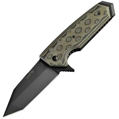 Складной нож Hogue EX-02 Tanto Flipper, сталь 154CM Ceracote™ Firearm Coating, рукоять стеклотекстолит G-Mascus® - Black/Green/Lava