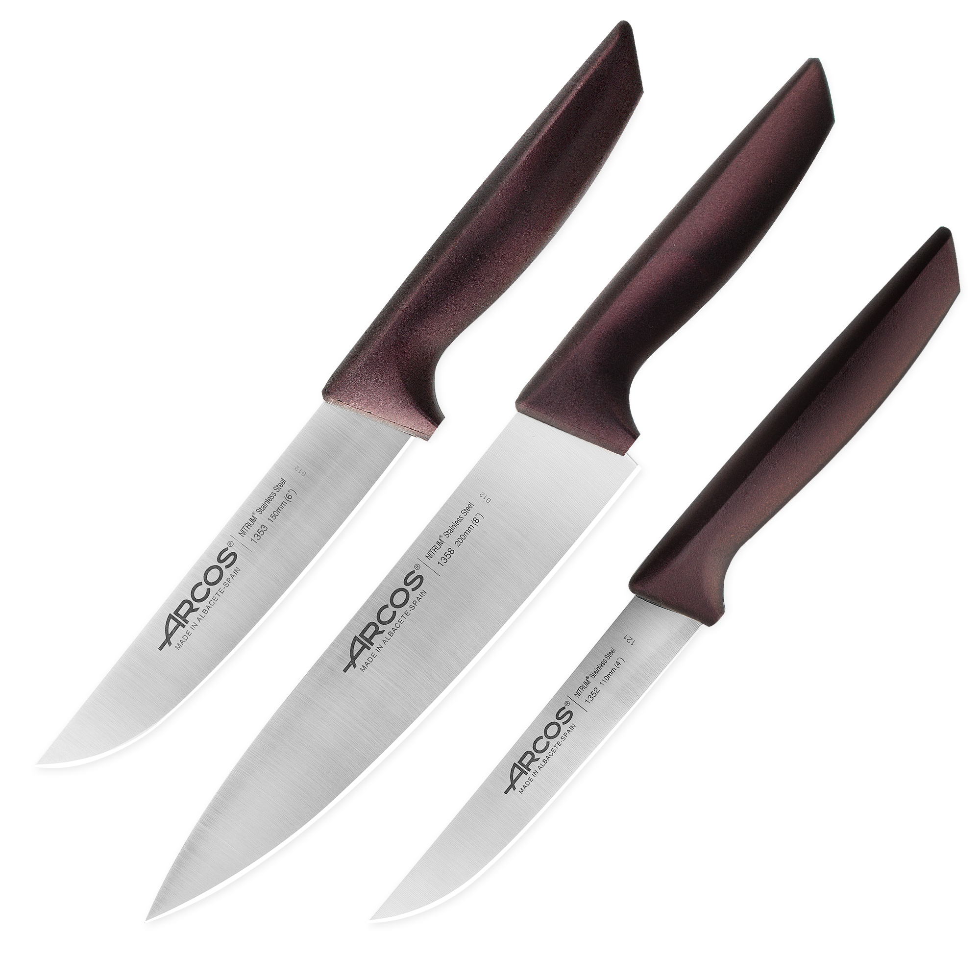Набор кухонных ножей в коробке Niza Arcos, бордовая рукоять, 3 шт