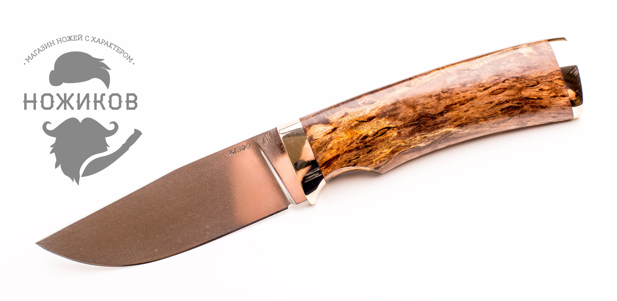 Нож Охотник, сталь M390, рукоять карельская береза, мельхиор