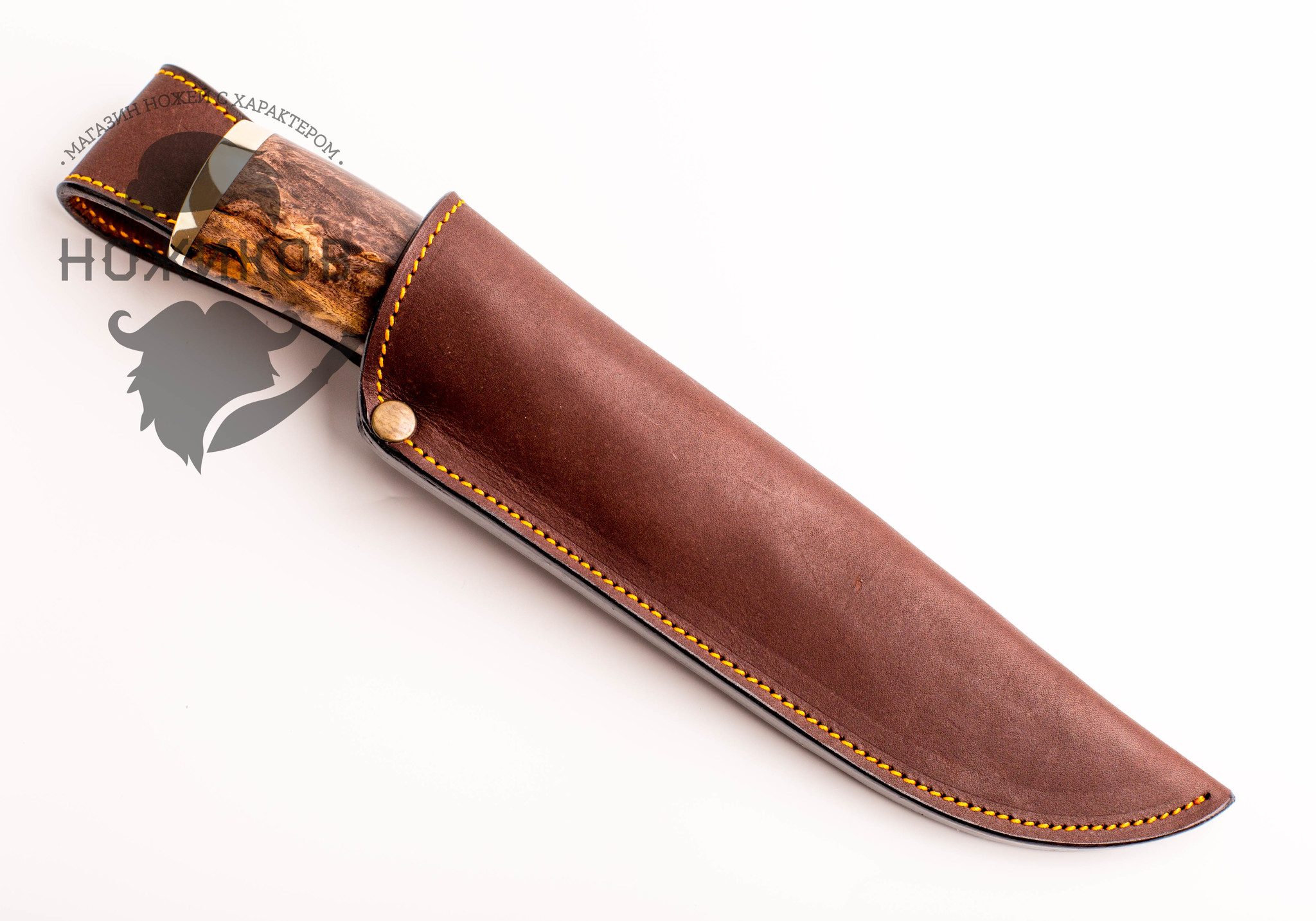 фото Нож охотник, сталь m390, рукоять карельская береза, мельхиор мастерская ульданова