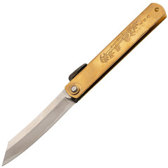 Фото Нож складной Higonokami Nagao Kanekoma, 100мм, сталь Aogami Damascus 3 слоя, рукоять латунь золотая