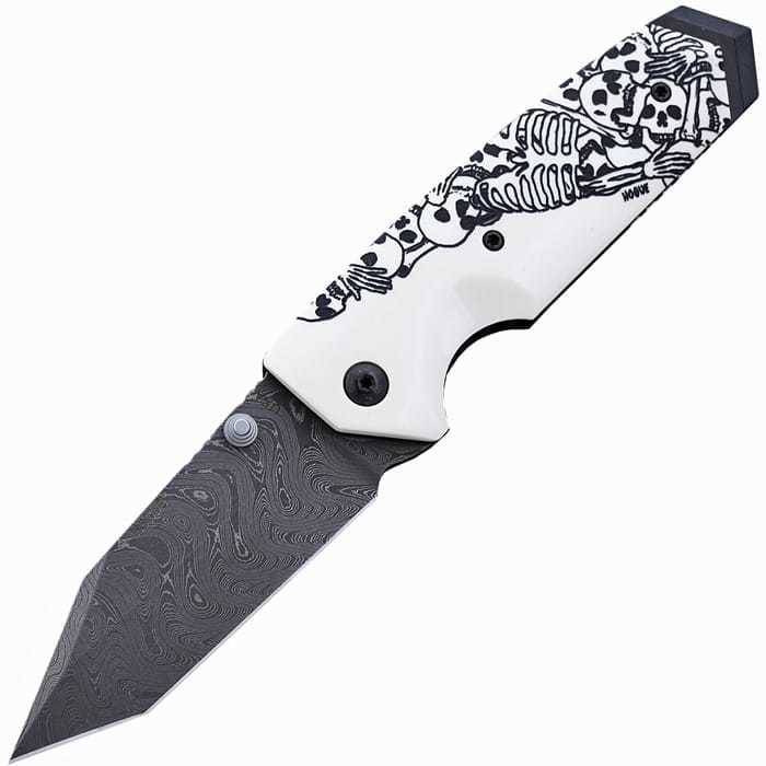 Складной нож Hogue EX-02 Tanto Custom Skulls & Bones, дамасская сталь, рукоять ABS-Пластик, бело-черный складной нож hogue ex 02 tanto skulls