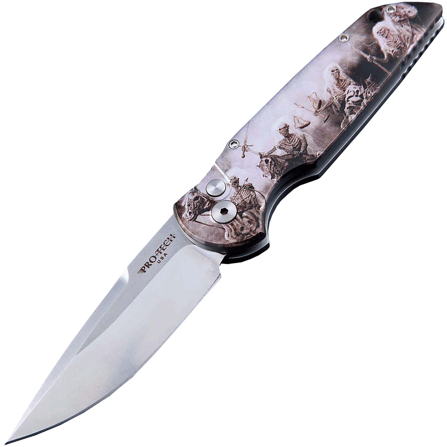 Автоматический складной нож Pro-Tech TR-3 Limited, клинок Stonewash, сталь 154CM, рукоять алюминий, рисунок скелеты пиратов