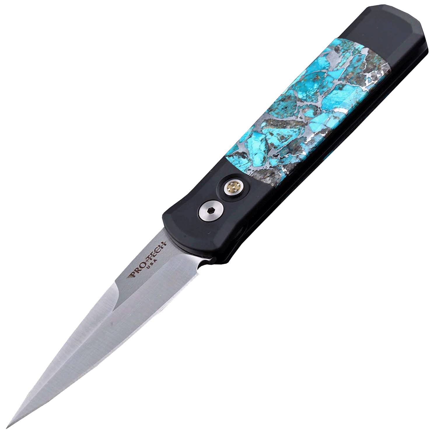 фото Автоматический складной нож pro-tech santa fe stoneworks godson customized, сталь 154cm, рукоять алюминий, накладки черная яшма/бирюза