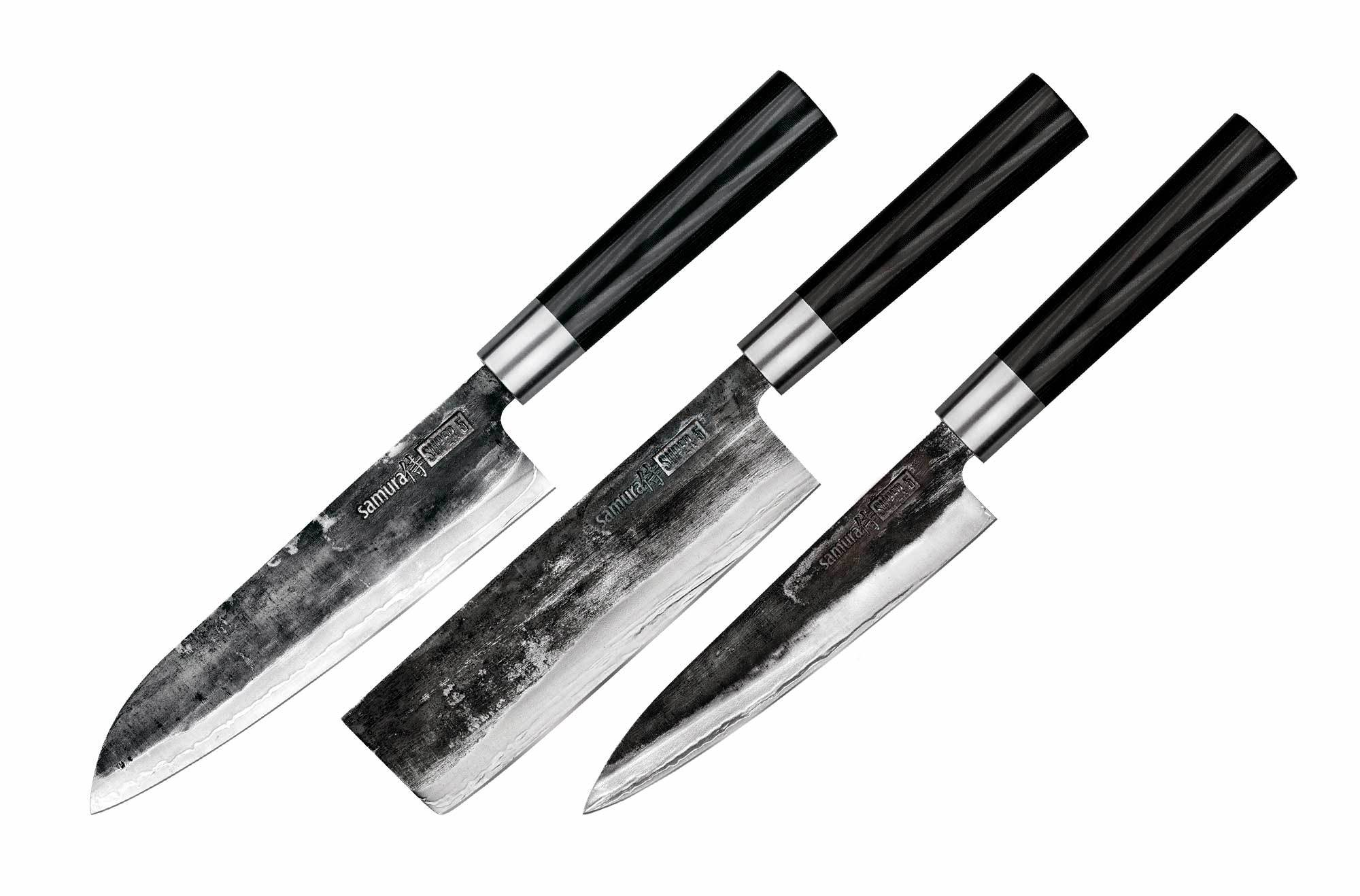 Подарочный набор из 3-х кухонных ножей Samura Super 5, сталь VG-10 в обкладках из дамасской стали, рукоять микарта набор туриста в чехле 5в1 мастер к рукоять синяя металл