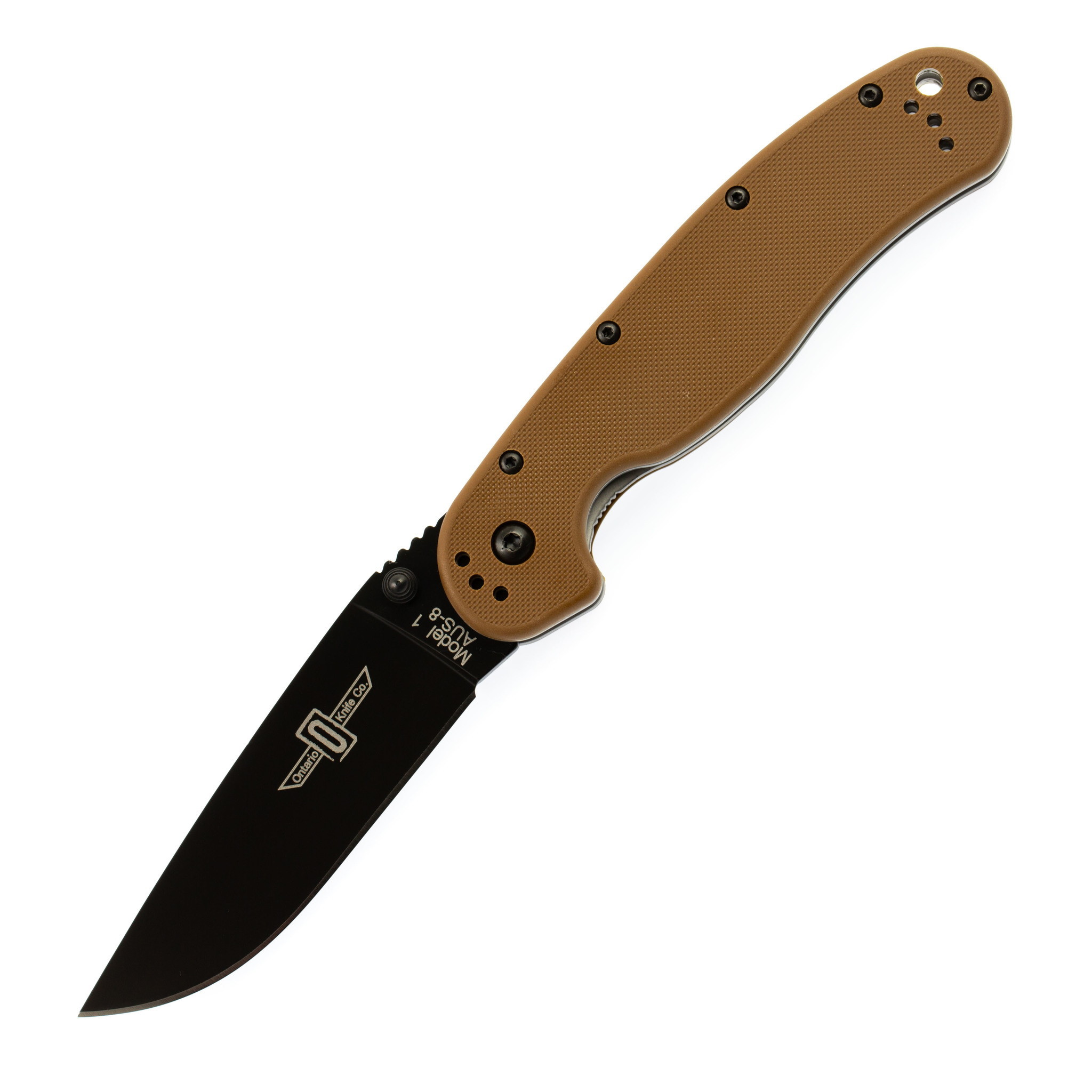 Нож складной Ontario RAT-1, сталь Aus-8. Клинок - Black, Рукоять - Brown GRN