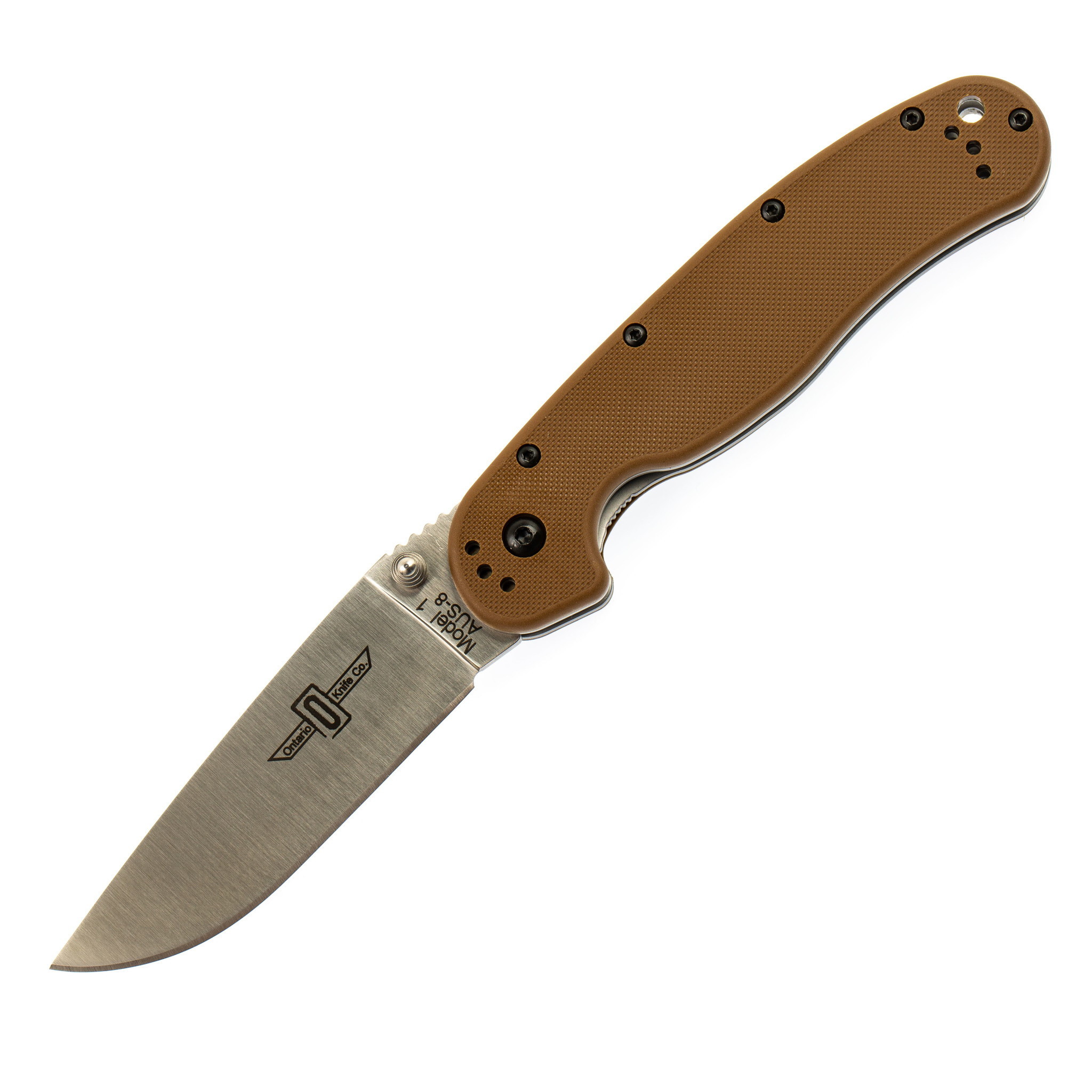 Нож складной Ontario RAT-1, сталь Aus-8. Клинок - Satin, Рукоять - Brown GRN