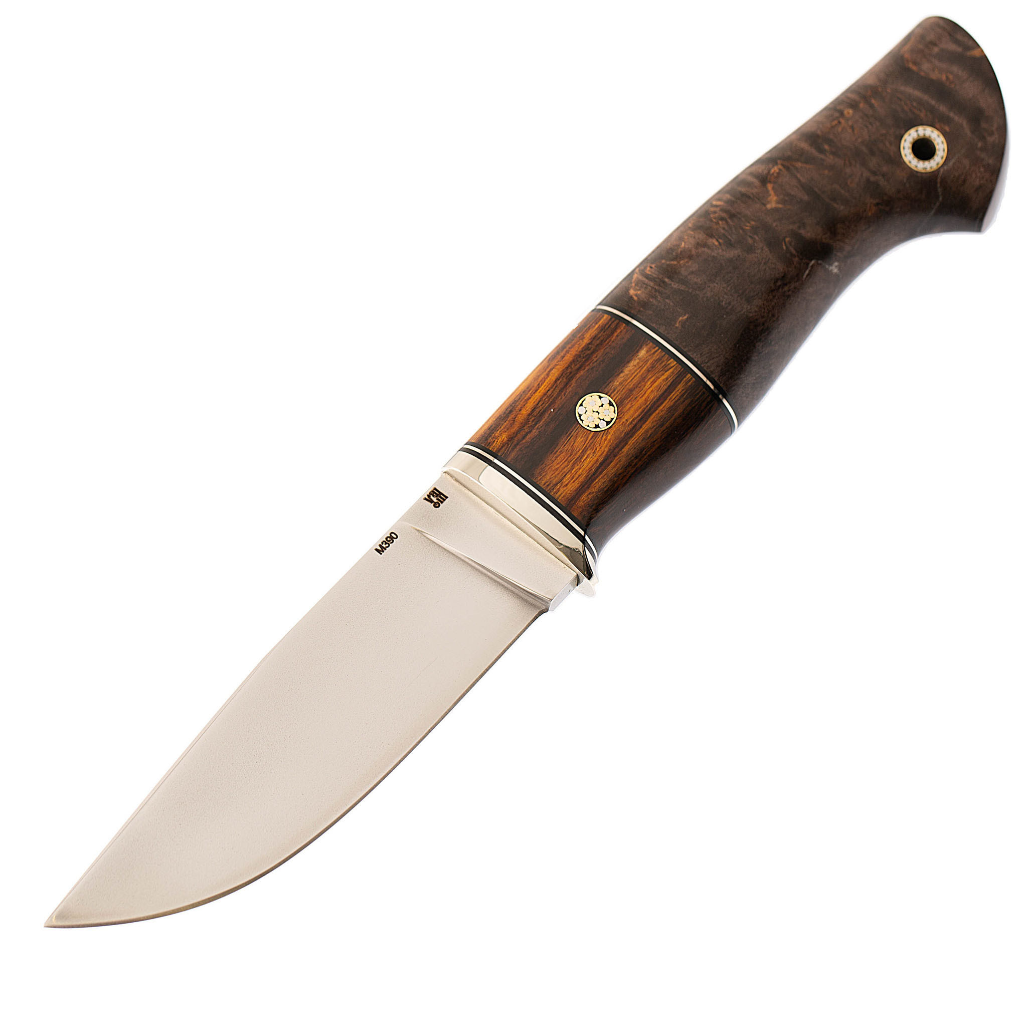 Нож Охотник, сталь M390, рукоять карельская береза, вставка железное дерево