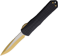 Фото Автоматический фронтальный нож Heretic Manticore E Recurve Gold PVD, сталь MagnaCut, рукоять алюминий, черный
