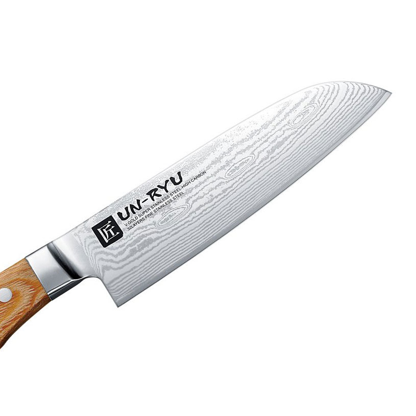 Нож кухонный Сантоку Shimomura, сталь VG-10 в обкладах из дамаска, рукоять Pakka wood - фото 2