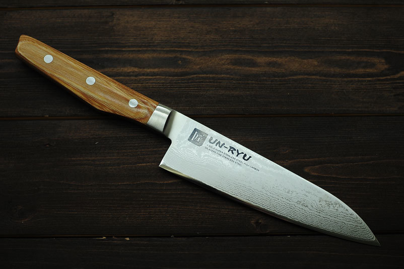 Нож кухонный Сантоку Shimomura, сталь VG-10 в обкладах из дамаска, рукоять Pakka wood - фото 5