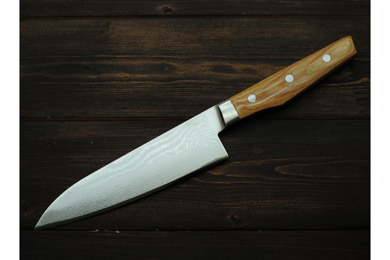 Нож кухонный Сантоку Shimomura, сталь VG-10 в обкладах из дамаска, рукоять Pakka wood - фото 6