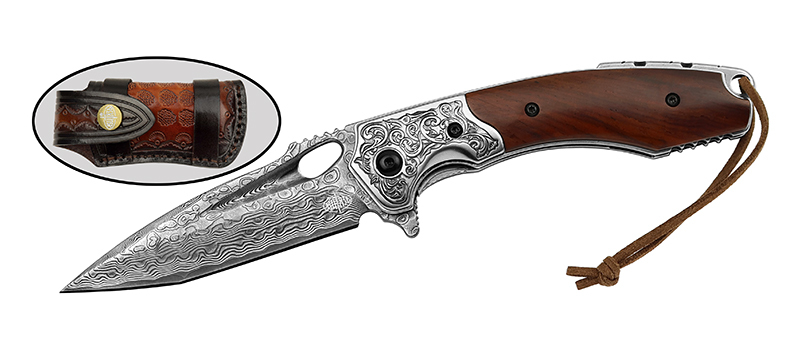 Складной нож Витязь, сталь дамаск, рукоять дерево, художественное травление