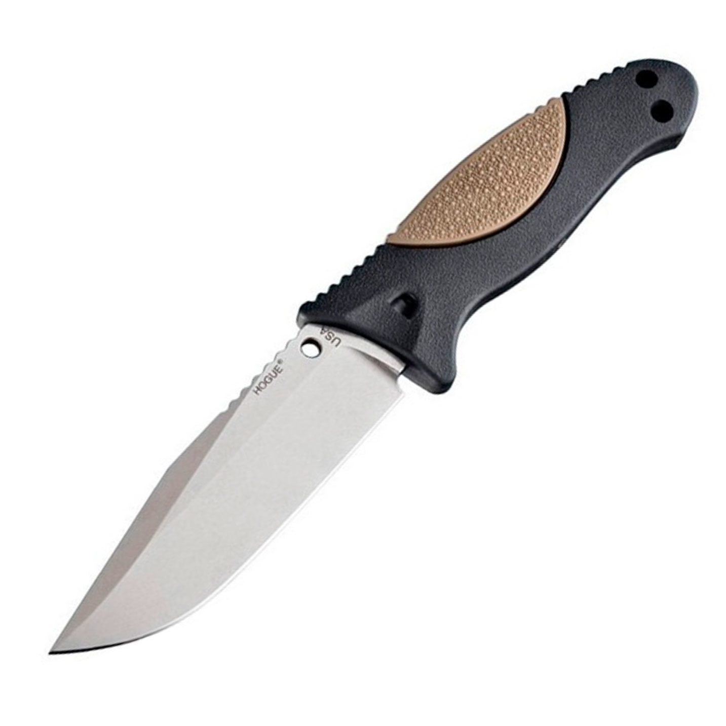 фото Нож с фиксированным клинком hogue ex-f02 clip point, сталь a2 tool steel stone-tumbled, рукоять термопластик grn