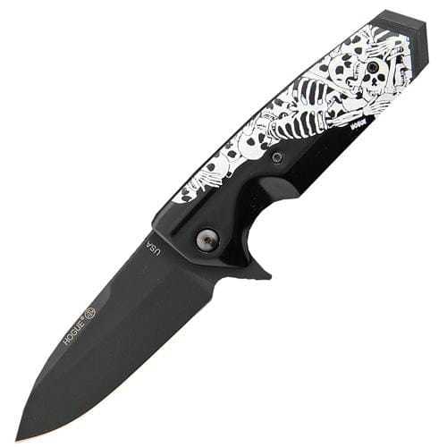 Складной нож Hogue EX-02 Spear Point Flipper, Custom Skulls & Bones, сталь 154CM Ceracote™ Firearm Coating, рукоять ABS-Пластик, черно-белый