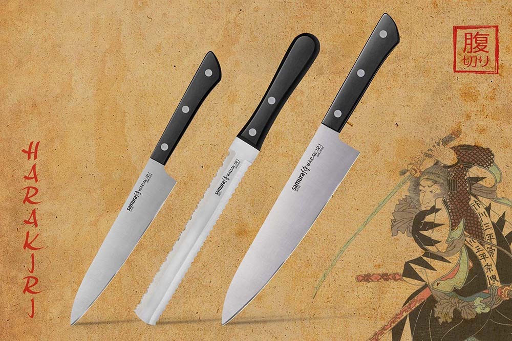 Набор из 3-х кухонных ножей (универсальный, для замороженных продуктов, шеф) Samura "Harakiri" (SHR-0230B) Black, сталь AUS-8, рукоять ABS-пластик от Ножиков