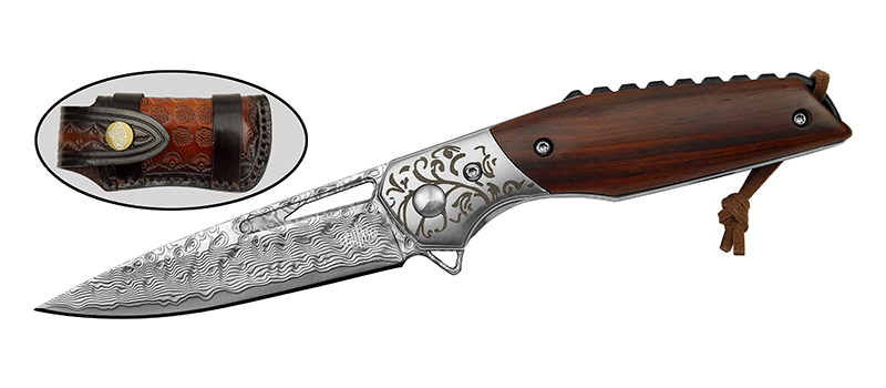 Складной нож Витязь, сталь дамаск, рукоять дерево, художественное травление