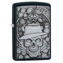 Фото Зажигалка ZIPPO Gambling Skull с покрытием Black Matte, латунь/сталь, чёрная, матовая, 36x12x56 мм