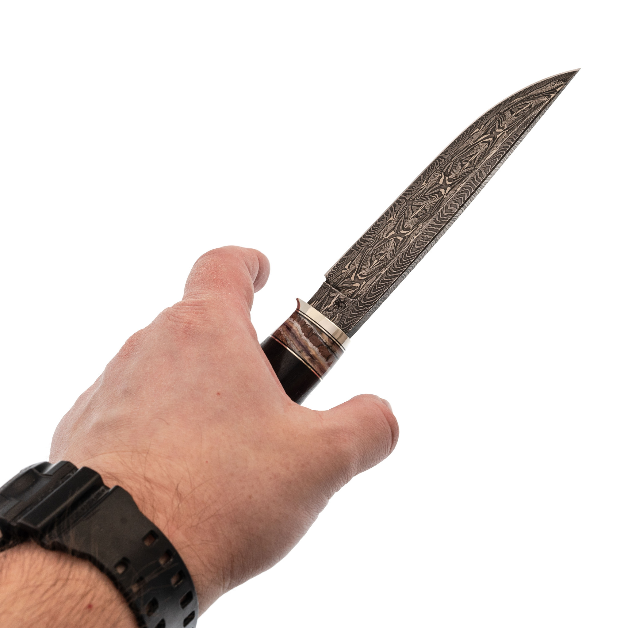 Авторский нож Перо 2, сталь мозаичный дамаск, рукоять граб, вставка стабилизированный зуб мамонта - фото 7